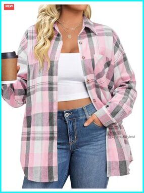 Plus Size Flannel Shirt Long Sleeve Button Down Plaid Top